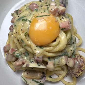 Principe - Clam Bucatini with Lardo, Black Pepper & Egg Yolk ($28) - Seafood Near Me - New York, New York Principe - Clam Bucatini with Lardo, Black Pepper & Egg Yolk ($28) - Seafood Near Me - New York, New York