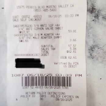 County Wide Septic - Home depot receipt for the 1st trip to purchase valves. - Septic Services Near Me - Bloomington, California County Wide Septic - Home depot receipt for the 1st trip to purchase valves. - Septic Services Near Me - Bloomington, California