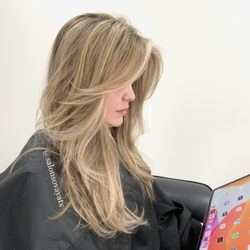 Salon Sovay - Full blonde balayage (mixed with foils) and long layers/feathered curtain bangs ~ stylist, Sovay.
