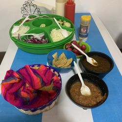 Birrieria El Paisa - Good serving of veggies, salsa, tortillas and tortilla chips.