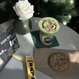 Iced Strawberry Matcha with Oat milk, an amazing chocolate cookie, and a cheddar smoked meat stick. Iced Strawberry Matcha with Oat milk, an amazing chocolate cookie, and a cheddar smoked meat stick.