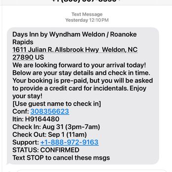 Days Inn by Wyndham Weldon Roanoke Rapids - This text, confirming our reservation contains a bogus number at the top - Hotels Near Me - Weldon, North Carolina Days Inn by Wyndham Weldon Roanoke Rapids - This text, confirming our reservation contains a bogus number at the top - Hotels Near Me - Weldon, North Carolina