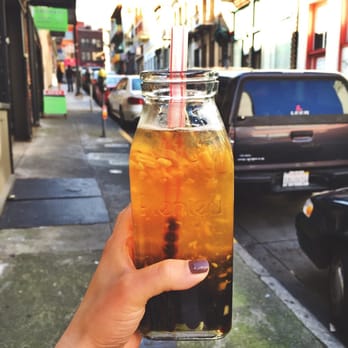 Plentea - Peach oolong tea with boba. The floaty things are bits of peaches! - Tea Rooms Near Me - San Francisco, California Plentea - Peach oolong tea with boba. The floaty things are bits of peaches! - Tea Rooms Near Me - San Francisco, California