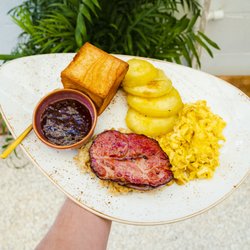Wild - The Way Out West Morning Plate -  Japanese Whisky glazed ham steak, soft scrambled eggs, miso oats, white sweet potato and a croissant cube.