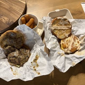 Burger Vault - The undressed Mushroom Magic Burger, Mozzarella Sticks and Mozza Melt Burger. - Burgers Near Me - Temple Terrace, Florida