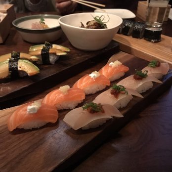 Uchiko Austin - Hama chili (top left), niku dango (top middle), makimono roll (top right), avocado nigiri, sake nigiri, bincho nigiri - Sushi Bars Near Me - Austin, Texas Uchiko Austin - Hama chili (top left), niku dango (top middle), makimono roll (top right), avocado nigiri, sake nigiri, bincho nigiri - Sushi Bars Near Me - Austin, Texas