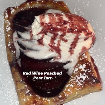 Deux Bistro - Red Wine Poached Pear Tart - on the DineLA menu! - French Near Me - Woodland Hills, California