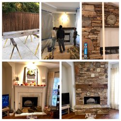 Brick & Stone Master - Fireplace we just finished. Customized barn timber frame mantle, craftsmanship through the meticulously placed dry stacked ledge stone.
