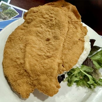 Burbujas By René - Pollo Empanada (breaded chicken) - white rice and greens underneath. - Puerto Rican Near Me - Guaynabo, Puerto Rico