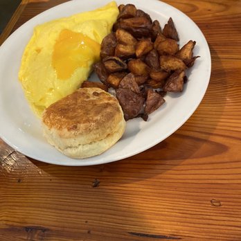 Cedar Mountain Cafe - The American Omelet, with ham and cheese, a side order of potatoes, and a biscuit. - Breakfast & Brunch Near Me - Cedar Mountain, North Carolina