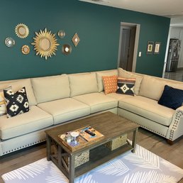 Our custom sectional, sized perfectly for our long and narrow living room. Love the fabric, design, everything!