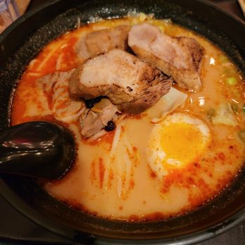 Ajisen Ramen - Volcano Ramen (bean sprouts + smoked cabbage + pork belly + chasu pork + soft boiled egg + spicy tonkotsu broth) - Ramen Near Me - New York, New York Ajisen Ramen - Volcano Ramen (bean sprouts + smoked cabbage + pork belly + chasu pork + soft boiled egg + spicy tonkotsu broth) - Ramen Near Me - New York, New York