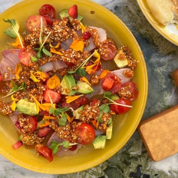 Cabra - hamachi tiradito: avocado, strawberries, tomato, chili crunch = $21 - Peruvian Near Me - Los Angeles, California
