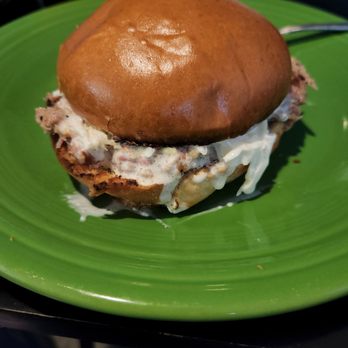 Odd BBQ - Pork bbq (mustard sauce) sandwich with coleslaw on top - New American Near Me - Chantilly, Virginia