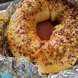 Taylor ham (pork roll) egg & cheese on a everything bagel  toasted.