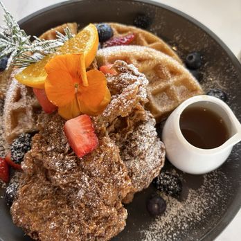 The Royale - Chicken and waffles with fruit and warm syrup - Breakfast & Brunch Near Me - Pleasant Hill, California The Royale - Chicken and waffles with fruit and warm syrup - Breakfast & Brunch Near Me - Pleasant Hill, California