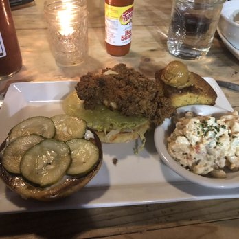 The Whiskey Jar - Delicious fried chicken and corn bread. So so pasta salad - Southern Near Me - Charlottesville, Virginia