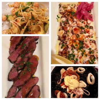 La Boca - From top left going clockwise: langoustines with pasta, pulpit carpaccio, squid ink risotto, and caramel flank steak - Tapas Bars Near Me - Santa Fe, New Mexico La Boca - From top left going clockwise: langoustines with pasta, pulpit carpaccio, squid ink risotto, and caramel flank steak - Tapas Bars Near Me - Santa Fe, New Mexico