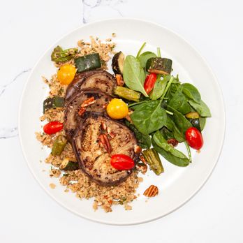 Mauja - Grilled Eggplant steak with Cauliflower Rice and Vegan Tzatziki sauce - Salad Near Me Mauja - Grilled Eggplant steak with Cauliflower Rice and Vegan Tzatziki sauce - Salad Near Me