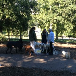 Centennial Dog Park - People and dogs crowding the water fountain area