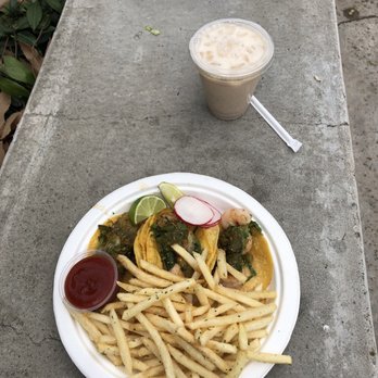 The Curbside Kitchen - #3 Three Tacos (Shrimp) with Fries (garlic)  and Drink (Horchata) - Tacos Near Me - Bakersfield, California