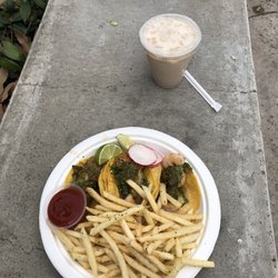 The Curbside Kitchen - #3 Three Tacos (Shrimp) with Fries (garlic)  and Drink (Horchata)
