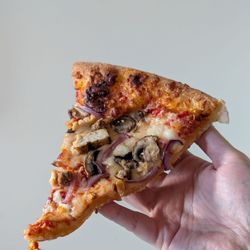 Pizza Nova - Mushrooms, onions, sausage, and chicken pizza slice