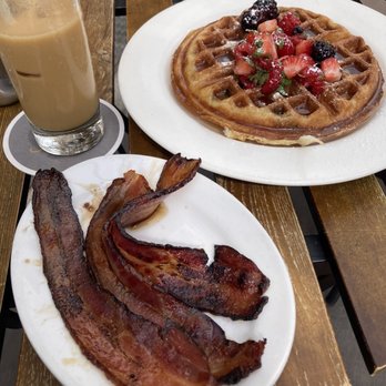 Clover Club - Side of bacon, waffle with berries, cold brew with milk - Lounges Near Me - Brooklyn, New York