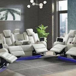 Tupelo Ron's Best Mattress & More - Beautiful Pebble Oyster upholstered power sofa, loveseat and recliner, with power headrests, LED, phone charge, storage arms- & more!