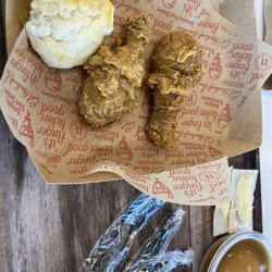 KFC - 2 extra crispy legs, mashed potato, biscuit, butter