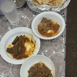 Fried Mutton chick peas okra and naan