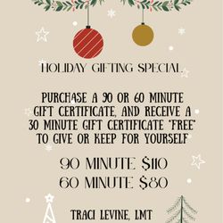 Traci Levine, LMT - A holiday favorite! Combine the 60-& 30-min. card for a 90-min session, or pair a 90 and 30 for two one-hour sessions--or a 2 hr session!