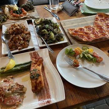 The Stage - Pizza, Salmon, Branzino, Roasted potatoes, Brussel Sprouts, Mediterranean salad. - Mediterranean Near Me - Burbank, California The Stage - Pizza, Salmon, Branzino, Roasted potatoes, Brussel Sprouts, Mediterranean salad. - Mediterranean Near Me - Burbank, California