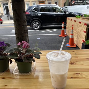 Pupusas Ridgewood - Small horchata in their cute outdoor sidewalk Corona-friendly seating area. - Salvadoran Near Me - Ridgewood, New York