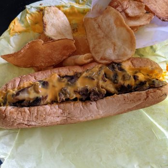 Theo's CheeseSteak Shop - Mushroom cheese steak with cheese whiz and a side of in-house fried chips! - Cheesesteaks Near Me - San Leandro, California