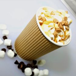 CARAMEL SWIRL HOT-CHOCOLATE Ghirardelli Chocolate with Caramel glaze, Vanilla Extract,  Caramel Morsels w/ warmed Alkaline Water