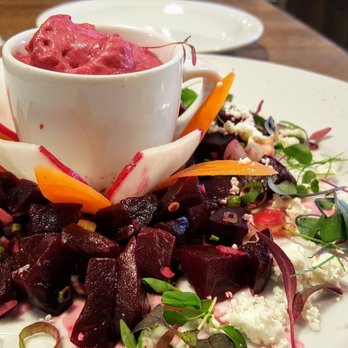 Brussels Bistro - Beet salad. Whipped beet dressing in the center was simple yet it was perfectly light for this beautiful salad. - Belgian Near Me - San Clemente, California