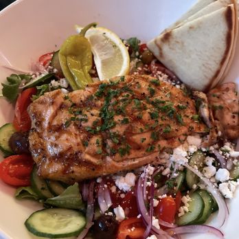 Greek Bistro - Salmon Greek Salad - Greek Near Me - Glendale, California Greek Bistro - Salmon Greek Salad - Greek Near Me - Glendale, California