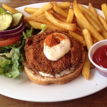 Veggie Grill by Next Level - Veggie Grill crispy "crab" cake, spiced tartar, pickle, lettuce, tomato, red onions, and fries. - Vegan Near Me - Seattle, Washington Veggie Grill by Next Level - Veggie Grill crispy "crab" cake, spiced tartar, pickle, lettuce, tomato, red onions, and fries. - Vegan Near Me - Seattle, Washington