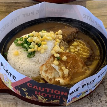 Sizzling Lunch - Double Hamburg(aka hamburger patty) golden curry. Comes with egg. Wished egg was runny. - Steakhouses Near Me - Cupertino, California Sizzling Lunch - Double Hamburg(aka hamburger patty) golden curry. Comes with egg. Wished egg was runny. - Steakhouses Near Me - Cupertino, California