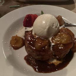 Banana bread pudding with coffee ice cream and caramel sauce
