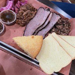 Pulled pork, brisket, Texas Joe, and cornbread