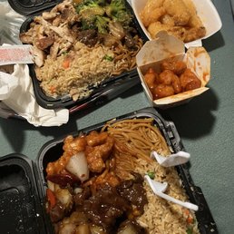 2 Plate C : (2) Orange Chicken , Teriyaki Chicken , Beef Broccoli , chowmein Noodle , Fried Rice Honey Walnut Shrimp