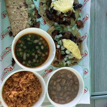 Roadside Taco - This is the lunch combo  beans  Mexican rice 2 pastor tacos  1 chicken birreira (wtf is right) - Tacos Near Me - Studio City, California