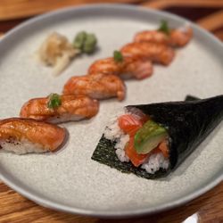 Takara 14 - Salmon toro nigiri seared and salmon avocado handrail