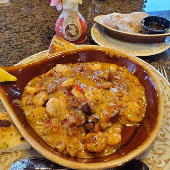 Another Broken Egg Cafe - Shrimp and grits with 1/2 order of biscuit beignets - Breakfast & Brunch Near Me - Madison, Alabama