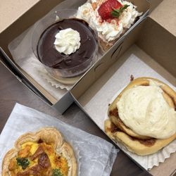 Quiche, cinnamon roll, tres leches, boston creme