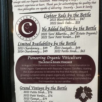 Arterra Wines - Menu with explanation about the winery - Wineries Near Me - Delaplane, Virginia