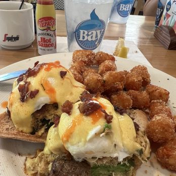 Bay Local Eatery - Crab Cake Bennie with very crunchy tater totes - Breakfast & Brunch Near Me - Virginia Beach, Virginia