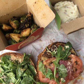 Nando's Peri-Peri - Veggie Burger, Braised Brussels Sprouts, Red Skin Mashed Potato - South African Near Me - Chicago, Illinois Nando's Peri-Peri - Veggie Burger, Braised Brussels Sprouts, Red Skin Mashed Potato - South African Near Me - Chicago, Illinois